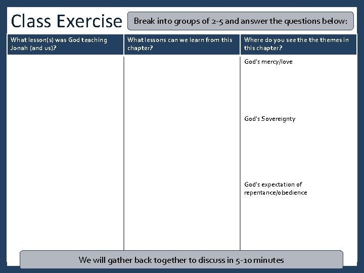 Class Exercise What lesson(s) was God teaching Jonah (and us)? Break into groups of