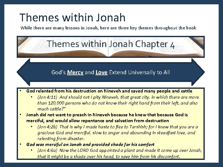 Themes within Jonah While there are many lessons in Jonah, here are three key