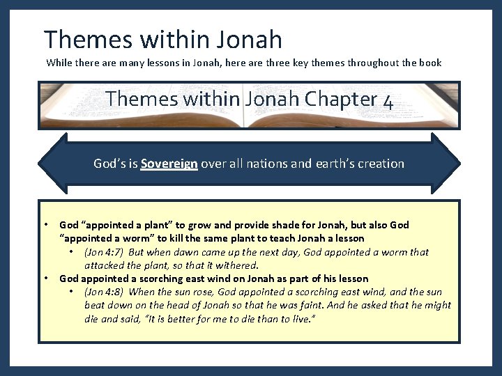 Themes within Jonah While there are many lessons in Jonah, here are three key