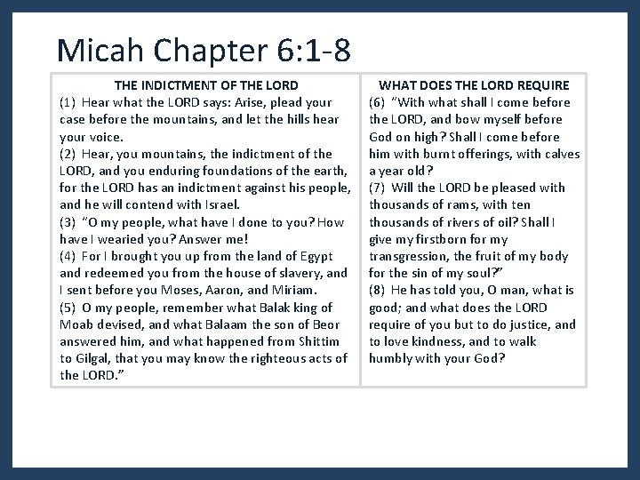 Micah Chapter 6: 1 -8 THE INDICTMENT OF THE LORD (1) Hear what the