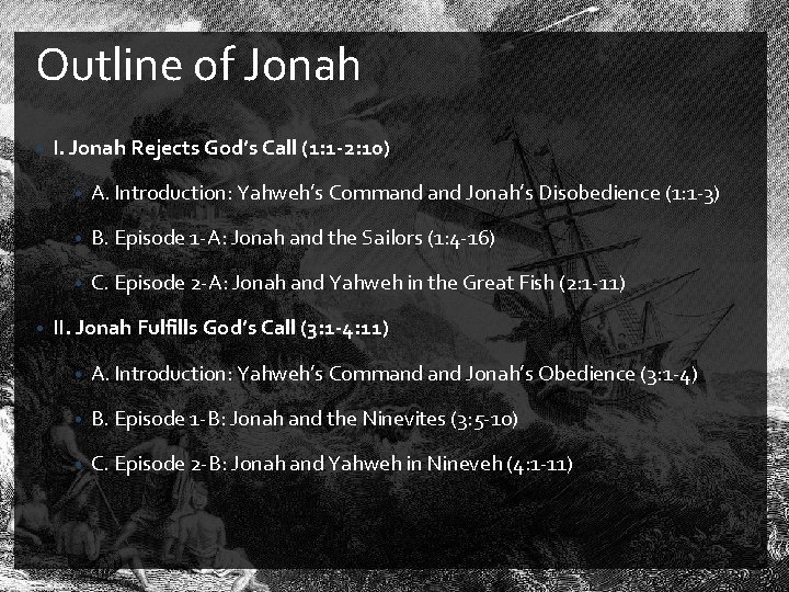 Outline of Jonah • • I. Jonah Rejects God’s Call (1: 1 -2: 10)