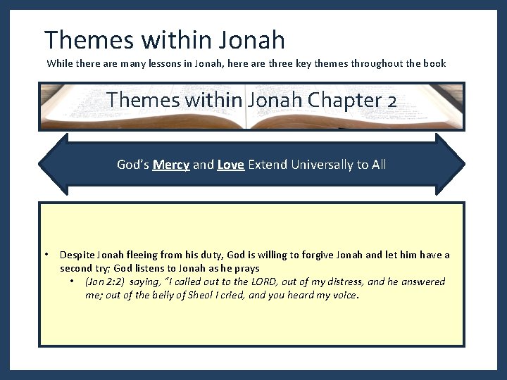 Themes within Jonah While there are many lessons in Jonah, here are three key