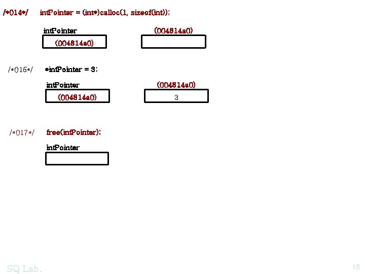 /*014*/ int. Pointer = (int*)calloc(1, sizeof(int)); int. Pointer (004814 a 0) /*015*/ *int. Pointer