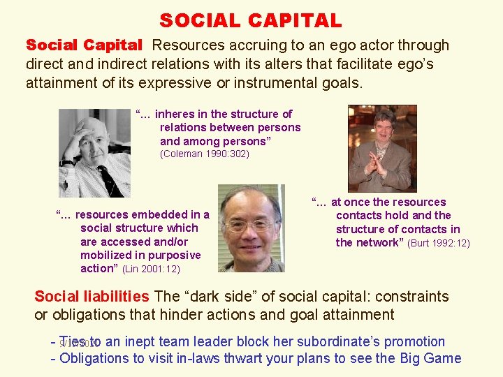SOCIAL CAPITAL Social Capital Resources accruing to an ego actor through direct and indirect