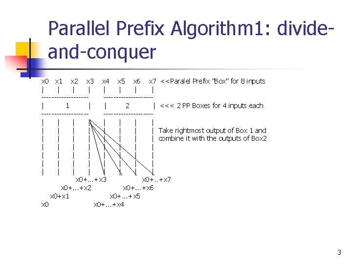 Parallel Prefix Algorithm 1: divideand-conquer x 0 x 1 x 2 x 3 x