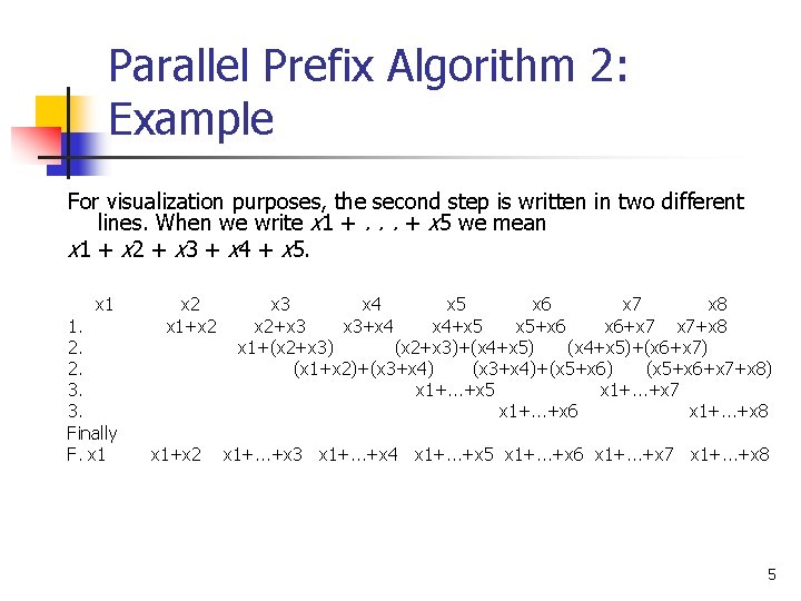Parallel Prefix Algorithm 2: Example For visualization purposes, the second step is written in