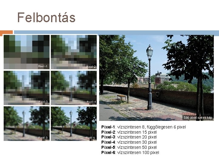 Felbontás Pixel-1: vízszintesen 8, függőlegesen 6 pixel Pixel-2: vízszintesen 15 pixel Pixel-3: vízszintesen 20