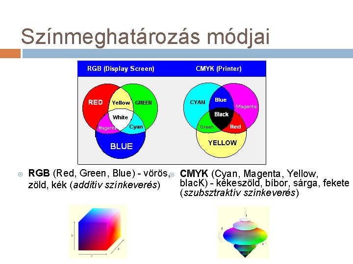 Színmeghatározás módjai RGB (Red, Green, Blue) - vörös, CMYK (Cyan, Magenta, Yellow, blac. K)
