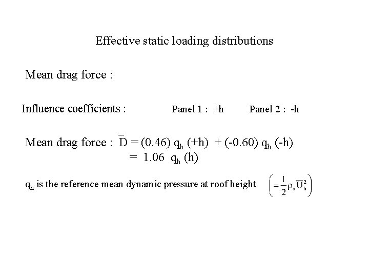 Effective static loading distributions Mean drag force : Influence coefficients : Panel 1 :