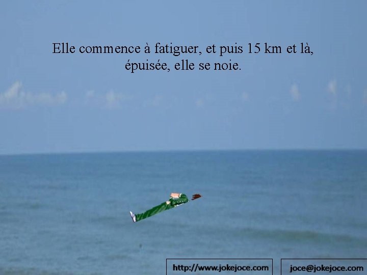 Elle commence à fatiguer, et puis 15 km et là, épuisée, elle se noie.