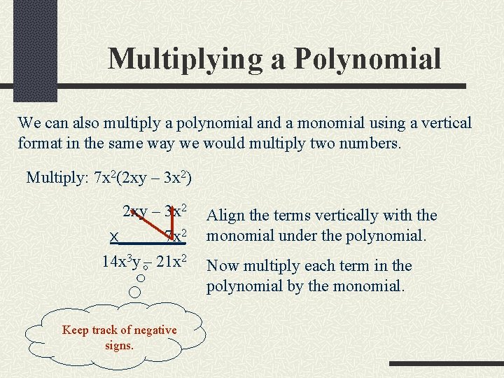 Multiplying a Polynomial We can also multiply a polynomial and a monomial using a