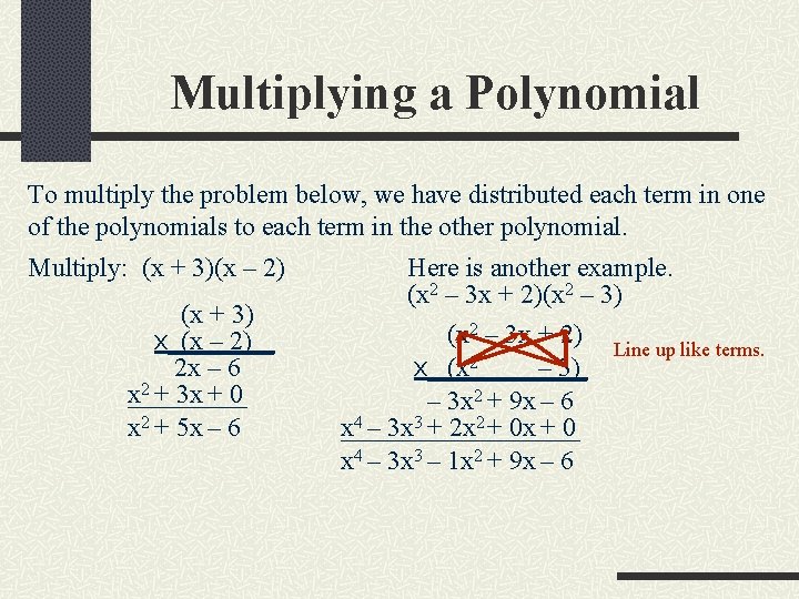 Multiplying a Polynomial To multiply the problem below, we have distributed each term in