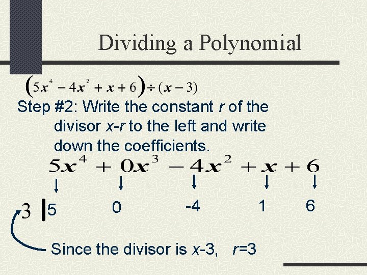 Dividing a Polynomial Step #2: Write the constant r of the divisor x-r to