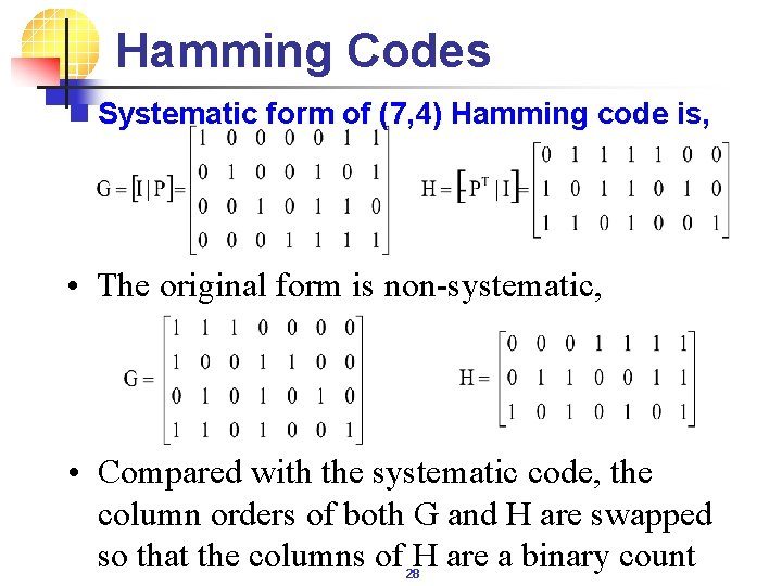 Hamming Codes n Systematic form of (7, 4) Hamming code is, • The original