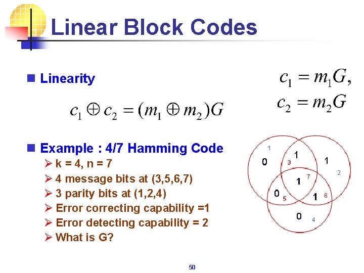 Linear Block Codes n Linearity n Example : 4/7 Hamming Code Ø k =