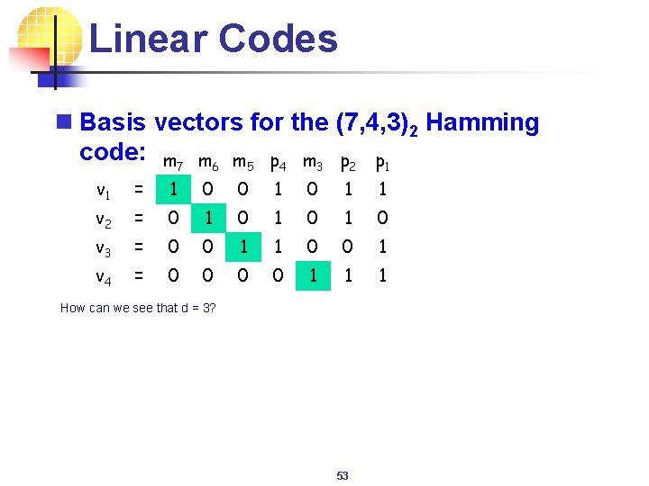 Linear Codes n Basis vectors for the (7, 4, 3)2 Hamming code: m 7