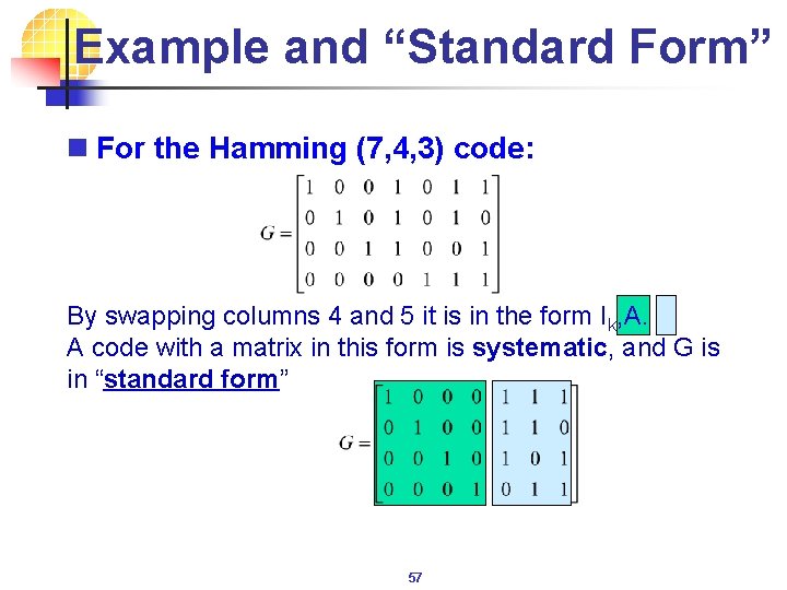 Example and “Standard Form” n For the Hamming (7, 4, 3) code: By swapping
