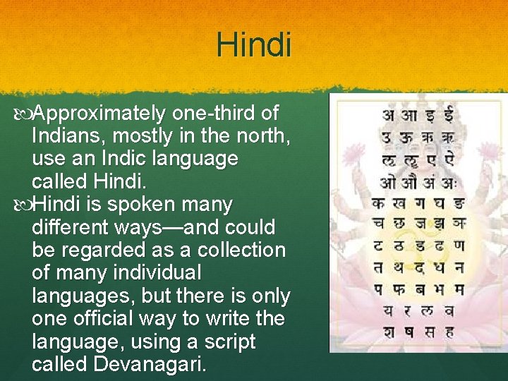 Hindi Approximately one-third of Indians, mostly in the north, use an Indic language called