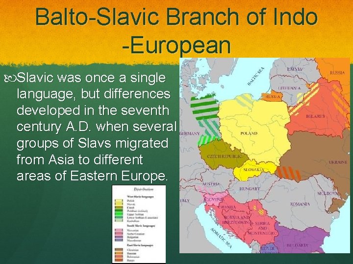 Balto-Slavic Branch of Indo -European Slavic was once a single language, but differences developed