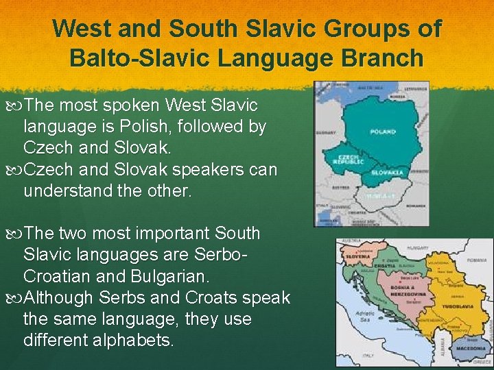 West and South Slavic Groups of Balto-Slavic Language Branch The most spoken West Slavic