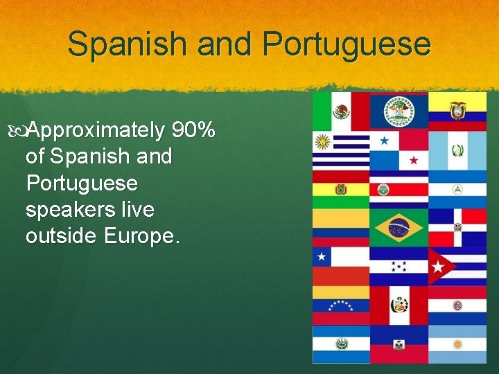 Spanish and Portuguese Approximately 90% of Spanish and Portuguese speakers live outside Europe. 