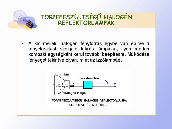 TÖRPEFESZÜLTSÉGŰ HALOGÉN REFLEKTORLÁMPÁK • A kis méretű halogén fényforrás egybe van építve a fényelosztást