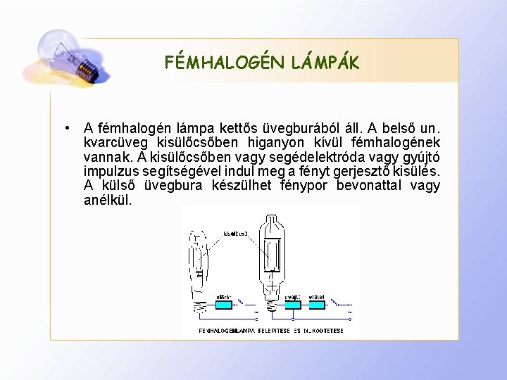 FÉMHALOGÉN LÁMPÁK • A fémhalogén lámpa kettős üvegburából áll. A belső un. kvarcüveg kisülőcsőben