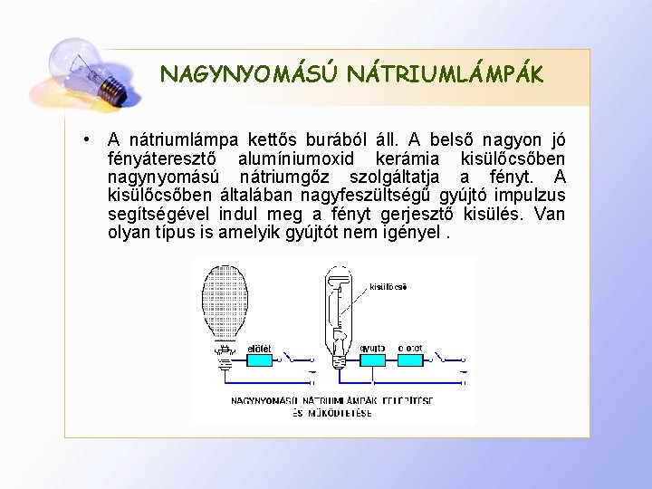 NAGYNYOMÁSÚ NÁTRIUMLÁMPÁK • A nátriumlámpa kettős burából áll. A belső nagyon jó fényáteresztő alumíniumoxid