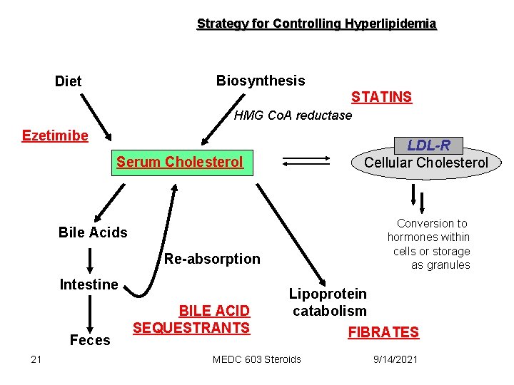 Strategy for Controlling Hyperlipidemia Biosynthesis Diet STATINS HMG Co. A reductase Ezetimibe LDL-R Cellular
