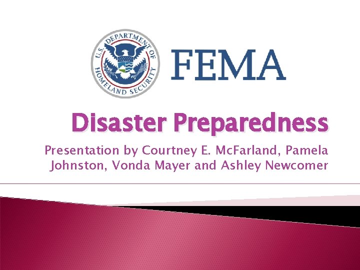 Disaster Preparedness Presentation by Courtney E. Mc. Farland, Pamela Johnston, Vonda Mayer and Ashley