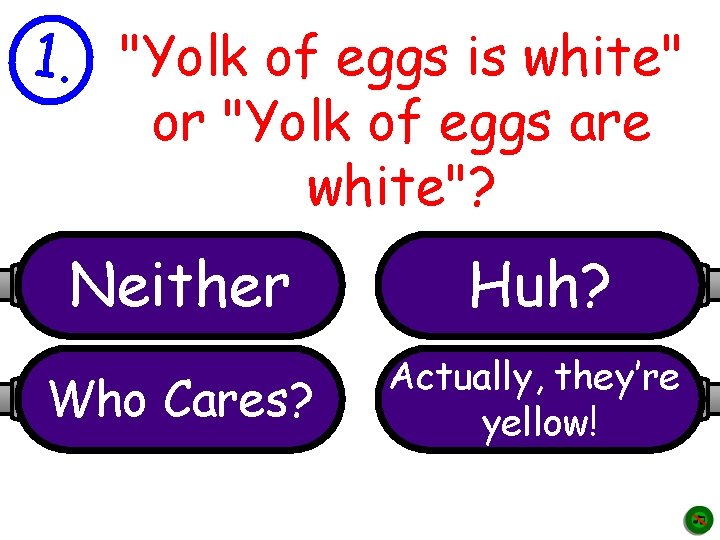 1. "Yolk of eggs is white" or "Yolk of eggs are white"? Neither Huh?