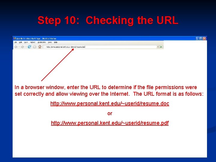 Step 10: Checking the URL In a browser window, enter the URL to determine