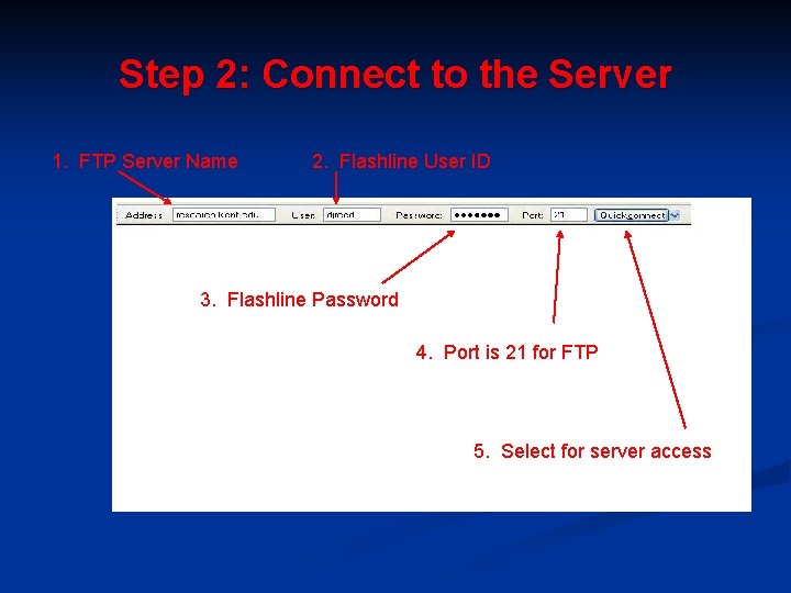 Step 2: Connect to the Server 1. FTP Server Name 2. Flashline User ID