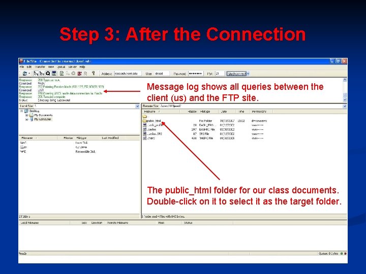 Step 3: After the Connection Message log shows all queries between the client (us)