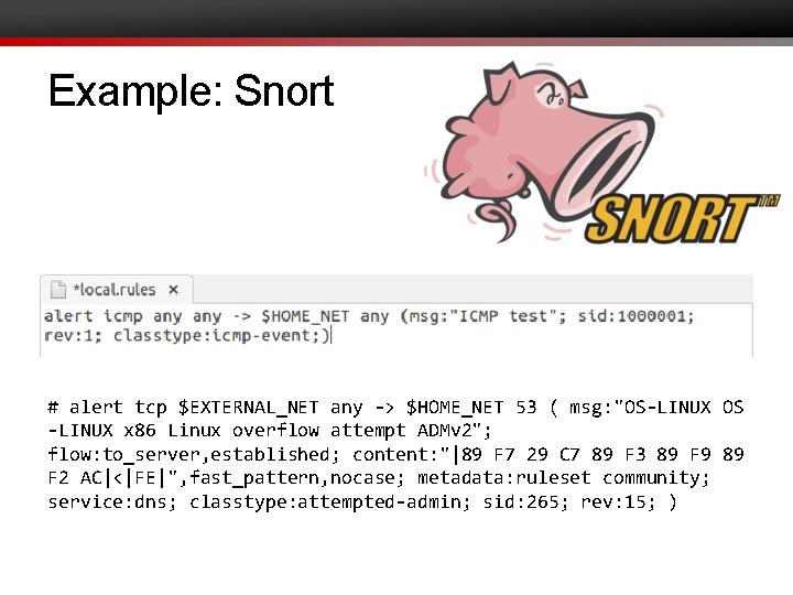 Example: Snort # alert tcp $EXTERNAL_NET any -> $HOME_NET 53 ( msg: "OS-LINUX OS