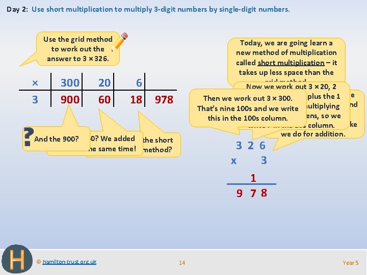 Day 2: Use short multiplication to multiply 3 -digit numbers by single-digit numbers. Use