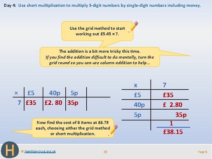 Day 4: Use short multiplication to multiply 3 -digit numbers by single-digit numbers including