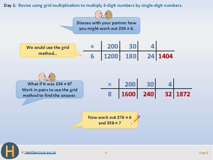 Day 1: Revise using grid multiplication to multiply 3 -digit numbers by single-digit numbers.