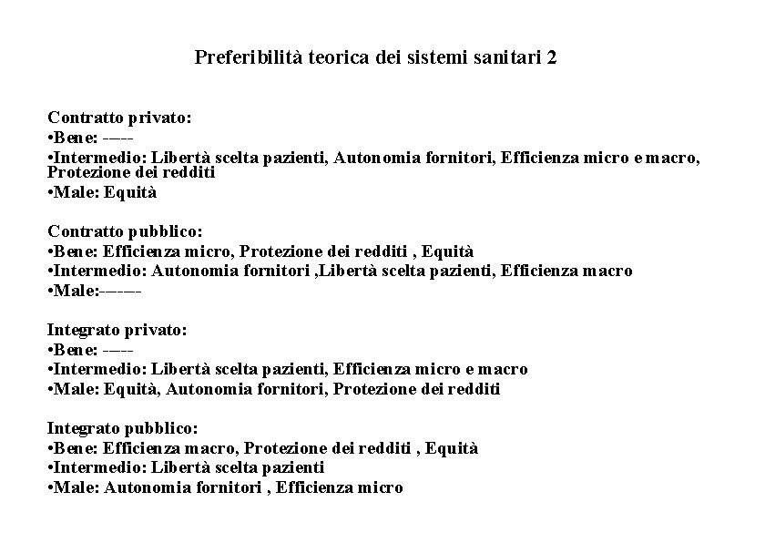 Preferibilità teorica dei sistemi sanitari 2 Contratto privato: • Bene: ---- • Intermedio: Libertà