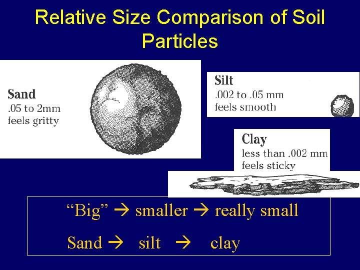 Relative Size Comparison of Soil Particles “Big” smaller really small Sand silt clay 