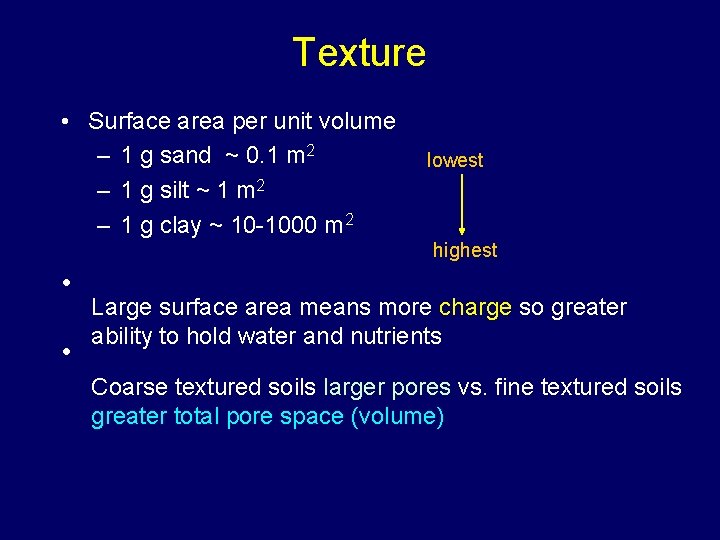 Texture • Surface area per unit volume – 1 g sand ~ 0. 1