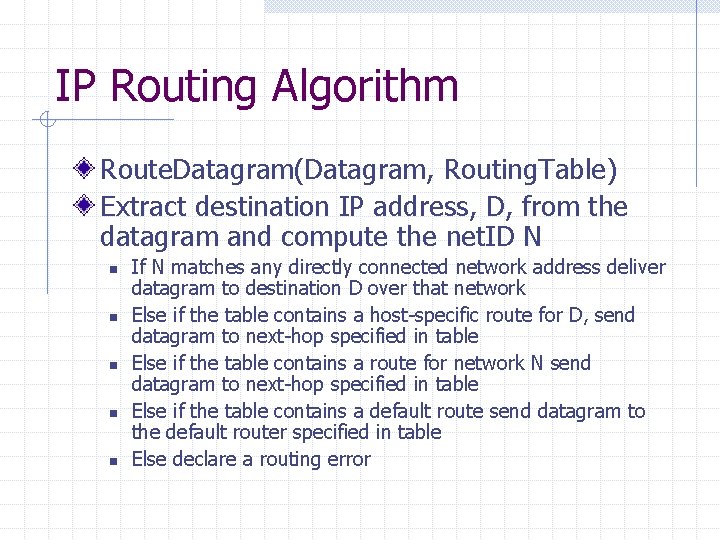 IP Routing Algorithm Route. Datagram(Datagram, Routing. Table) Extract destination IP address, D, from the