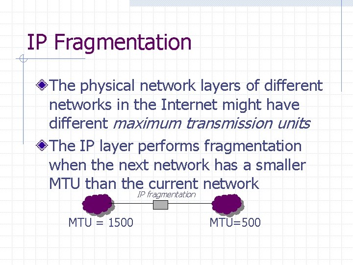 IP Fragmentation The physical network layers of different networks in the Internet might have