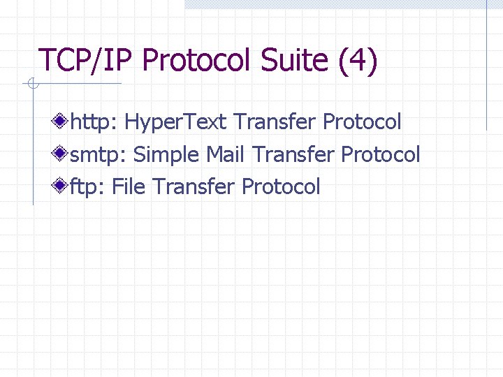 TCP/IP Protocol Suite (4) http: Hyper. Text Transfer Protocol smtp: Simple Mail Transfer Protocol