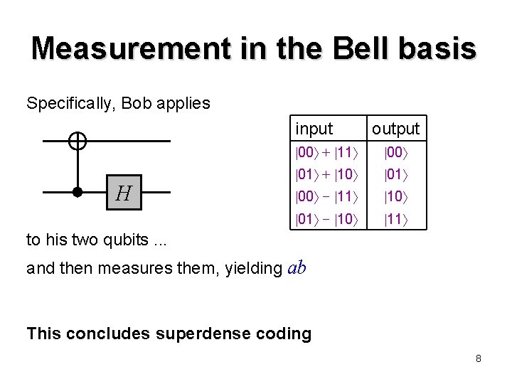 Measurement in the Bell basis Specifically, Bob applies input H output 00 + 11