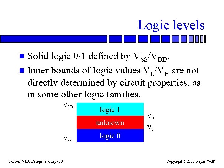 Logic levels Solid logic 0/1 defined by VSS/VDD. n Inner bounds of logic values
