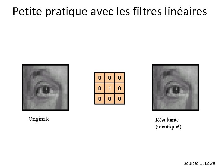 Petite pratique avec les filtres linéaires Originale 0 0 1 0 0 Résultante (identique!)