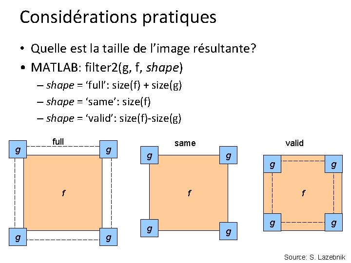 Considérations pratiques • Quelle est la taille de l’image résultante? • MATLAB: filter 2(g,