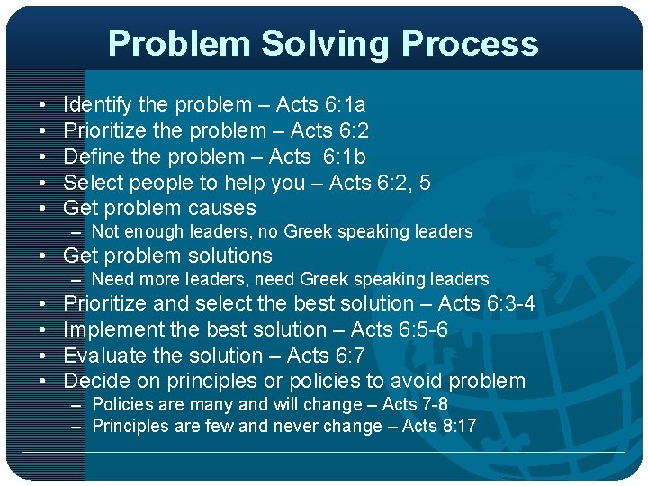 Problem Solving Process • • • Identify the problem – Acts 6: 1 a