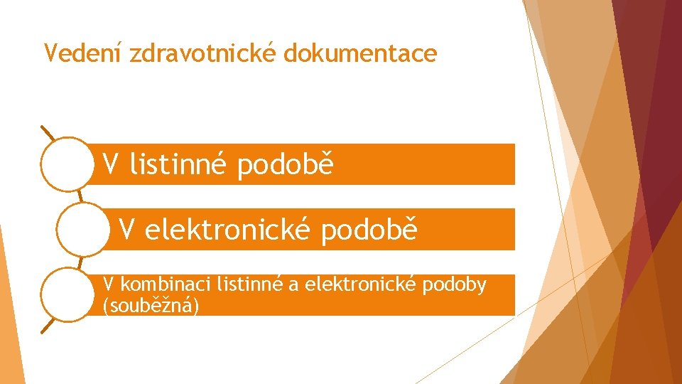 Vedení zdravotnické dokumentace V listinné podobě V elektronické podobě V kombinaci listinné a elektronické